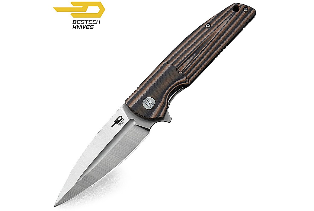 Bestech Pocket Knife Fin Black Orange Beige G10 14C28N