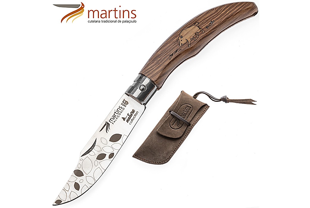 Couteau de Poche Ellegance Nature Sanglier Martins 8cm (Pochette en Cuir)