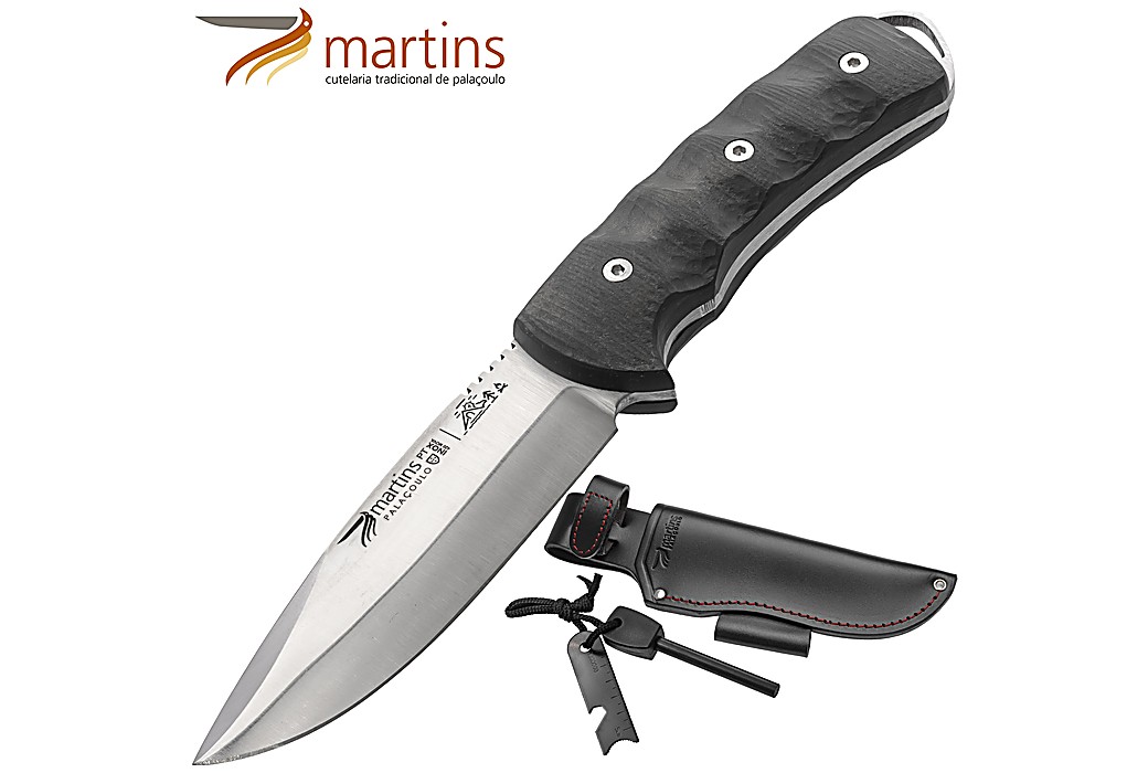 Faca Bushcraft Martins 12cm Fire Steel Micarta Preto (Bolsa em Pele)