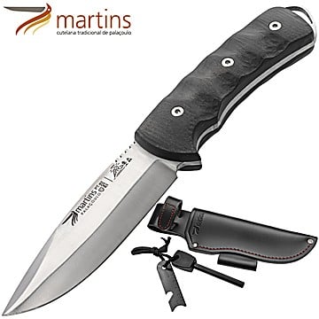Couteau Bushcraft Martins 12cm Fire Steel Micarta Noir (Pochette en Cuir)