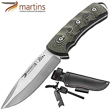 Couteau Bushcraft Martins 12cm Fire Steel Micarta Vert (Pochette en Cuir)